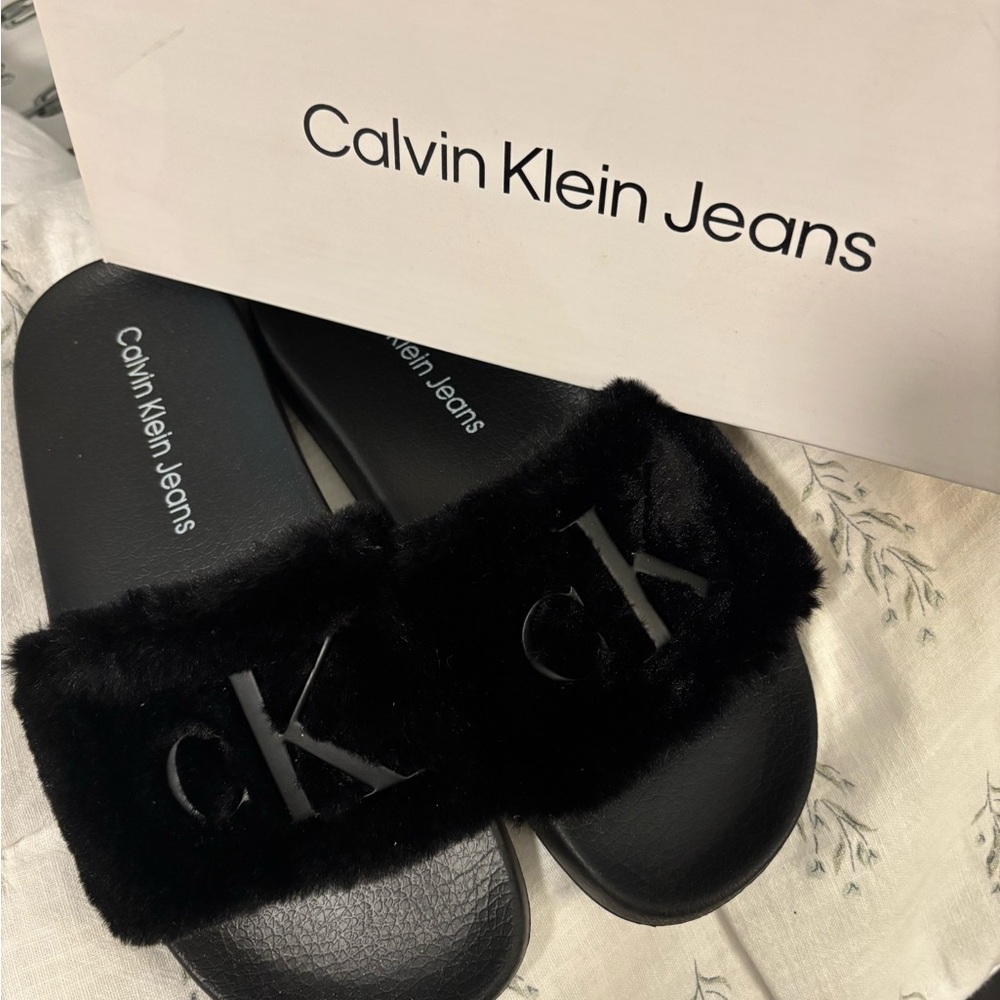 Calvin Klein Black Fur Slides